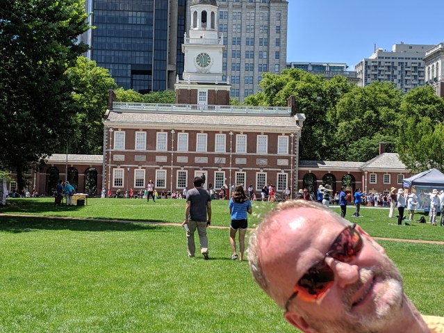 My beloved husband's close-up face with Independence Hall in the background