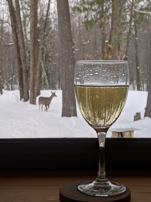 Full wineglass in the foreground focus, snowy woods in the background out the window. A deer in the midground is walking closer.