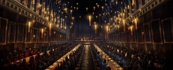 Hogwarts main hall, with the four different humongous house tables. I know you're wondering what's floating in the air in this picture -- it's lit candles!