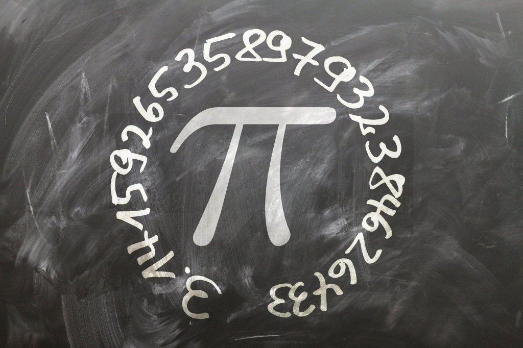 chalkboard image of the pi symbol surrounded by the beginning of the infinite numerical value of pi.