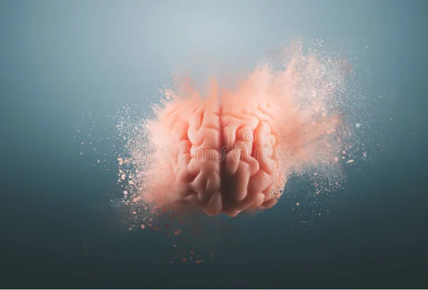 top view of a human brain on a blue grey background exploding out both sides