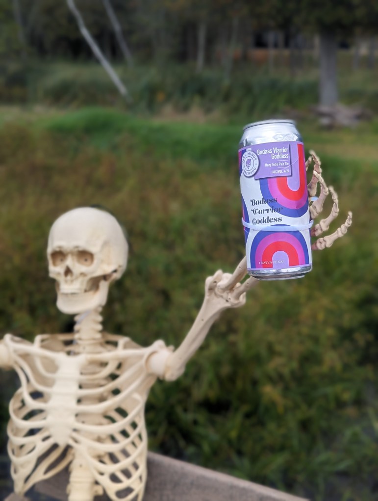 close up of the skeleton head and beer, badass warrior goddess from ursa minor brewing in duluth minnesota