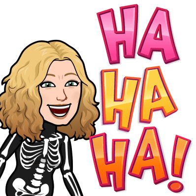 bitmoji in a skeleton suit laughing
