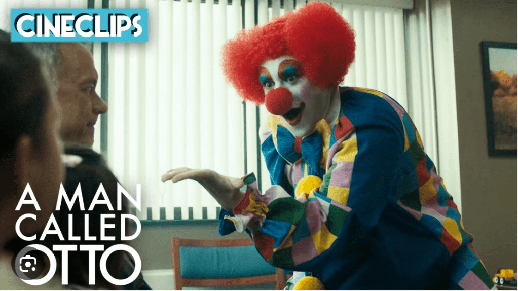 screenshot linked to youtube, the clown clip from the movie A Man Called Otto