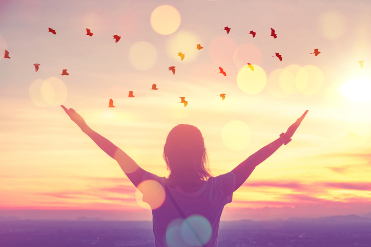 person facing the sunrise with arms outstretched, birds flying by
