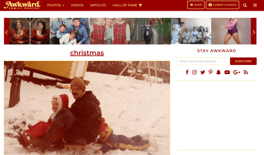 Linked screenshot of the website awkward family photos, christmas archives