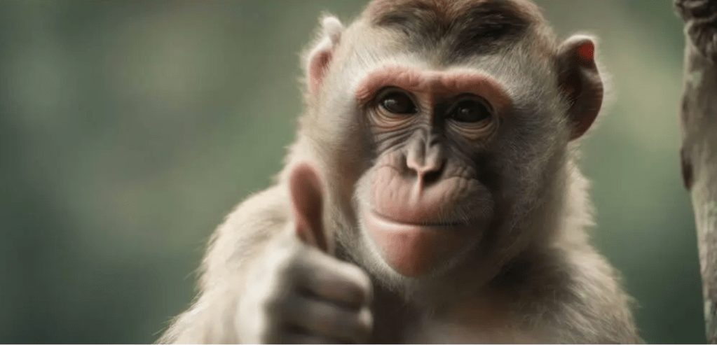 a monkey that appears to be smiling and giving a thumbs up
