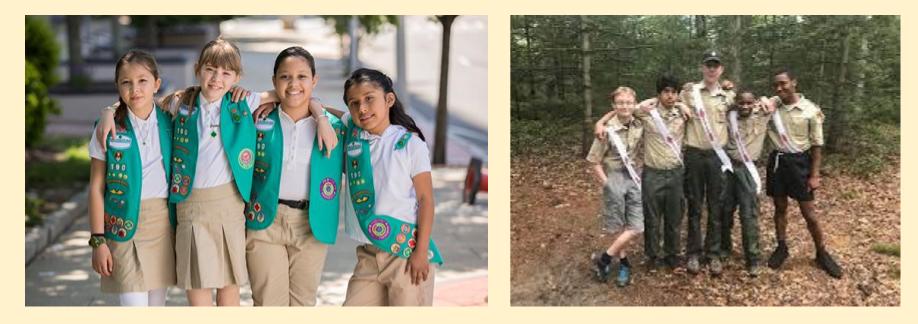 two photos, a girl scout group and a boy scout group, who all appear to be smiling.
