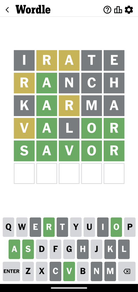 phone screenshot of a finished nyt daily wordle game