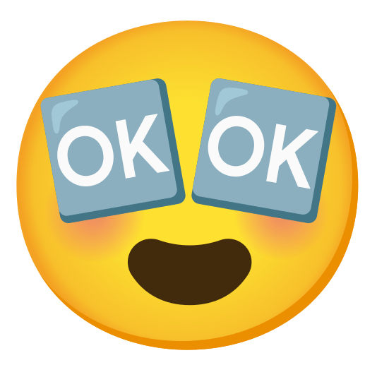 happy face emoji with OK buttons for eyes