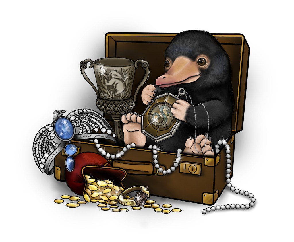 drawing of niffler within a suitcase filled with treasure